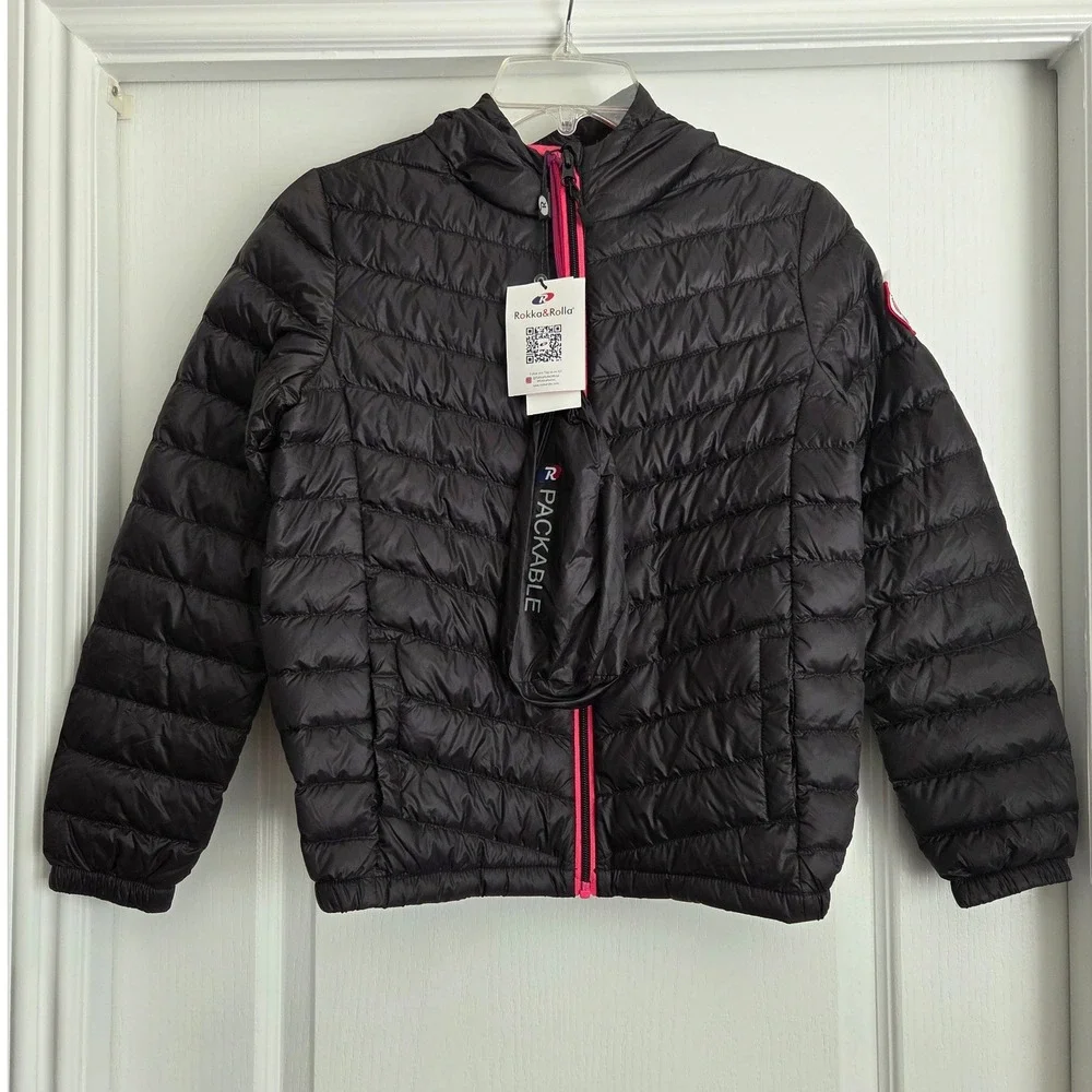 Rokka & Rolla Kids Black Down Puffer Jacket Hooded Packable Pink Zip Sz L 10-12‎